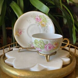 Antique Limoges France Hand Painted Teacup + Saucer Set - Yellow + Pink Florals